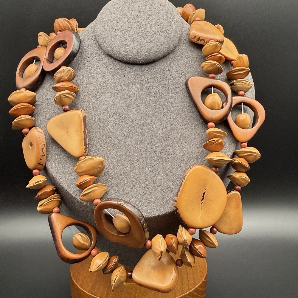 Vintage Carved Tagua Nut & Seed Bead Necklace Natural Geometric Boho Statement